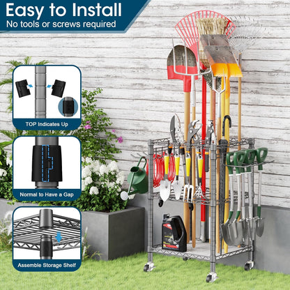 T1 Garden Tool Organizer（With Lockable Wheels）Heavy Duty Garage Tool Storage for Yard，Shed，Outdoor and Lawn，Freestanding Tool Organizers and Storage UP to 50 Tools，Black with Anti-Tip Device
