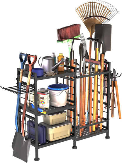 3 Tier Garden Tool Organizer, Garage Storage and Organization, Metal Yard Tools Storage up to 78 Tools, Heavy Duty Garden Tool Organizer for Garage, Yard, Patio, Shed, Indoors and Outdoors, Black