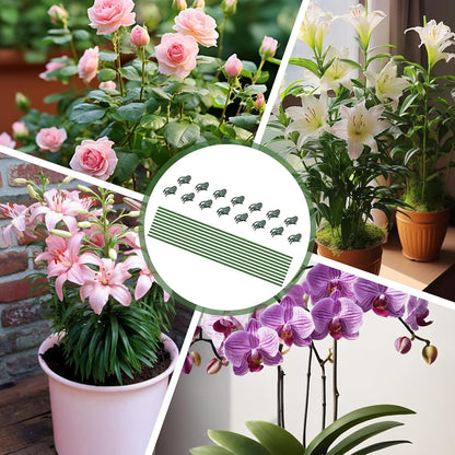 10 Pack 15.7" Plant Support Stakes with 15 Clips, Green Bendable Orchid Stakes for Indoor Outdoor Plants, Plastic Coated Plant Sticks Support for Potted Flowers, Vines, Roses, Tall Stem Plants