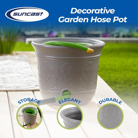 Suncast 300 Foot Heavy Duty 5 Gallon Decorative Plastic Hose Pot for Expandable and Lightweight Hoses, Ideal for Garden, Patio and Backyard Use