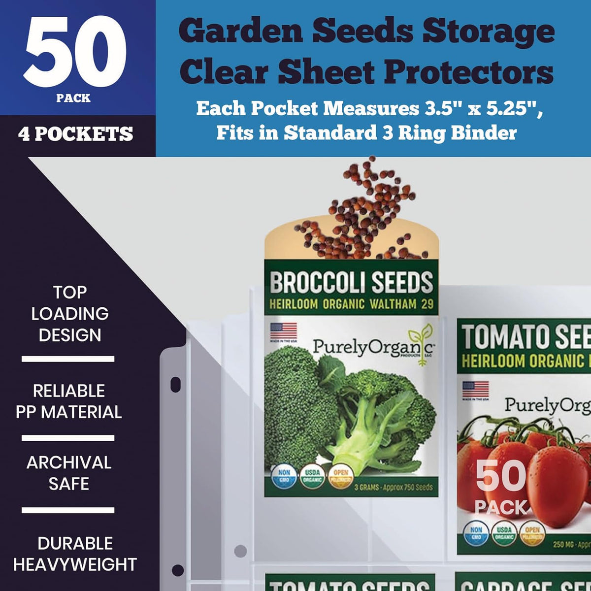 Seed Storage Organizer Sleeves, 100 Pockets (25 Pack) 3.5x5, Heavy Duty Polypropylene, Top Loading 4 Pocket Seed Packet Organizer Pages for 3 Ring Binder, Archival Safe - Performore