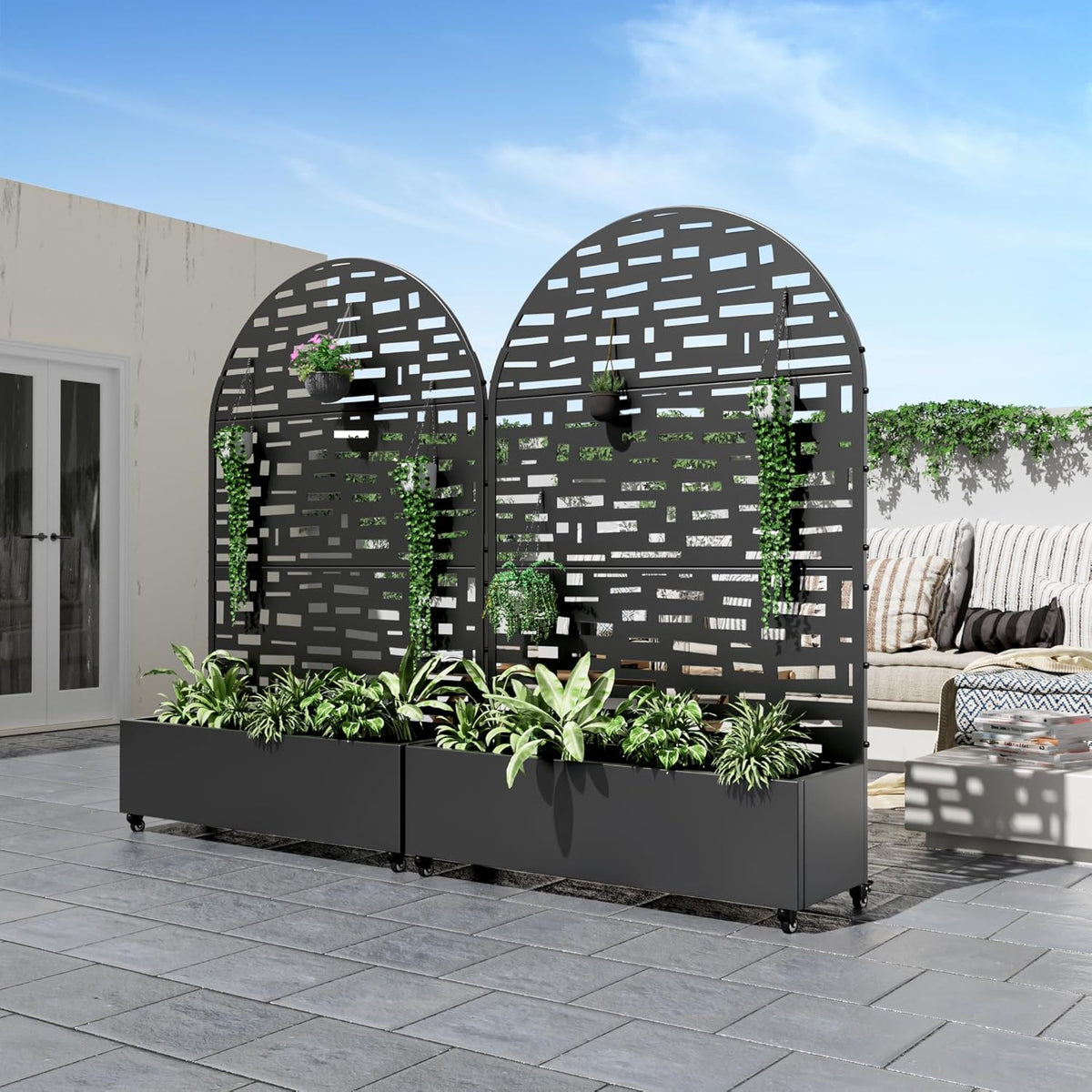 Casaphoria Metal Raised Garden Bed with Trellis and Wheels, 72"x47"x16" Planter Box for Climbing Plants, Vegetables & Vines, Features Drainage Holes and Privacy Screen (Black-Louver) - Colors B