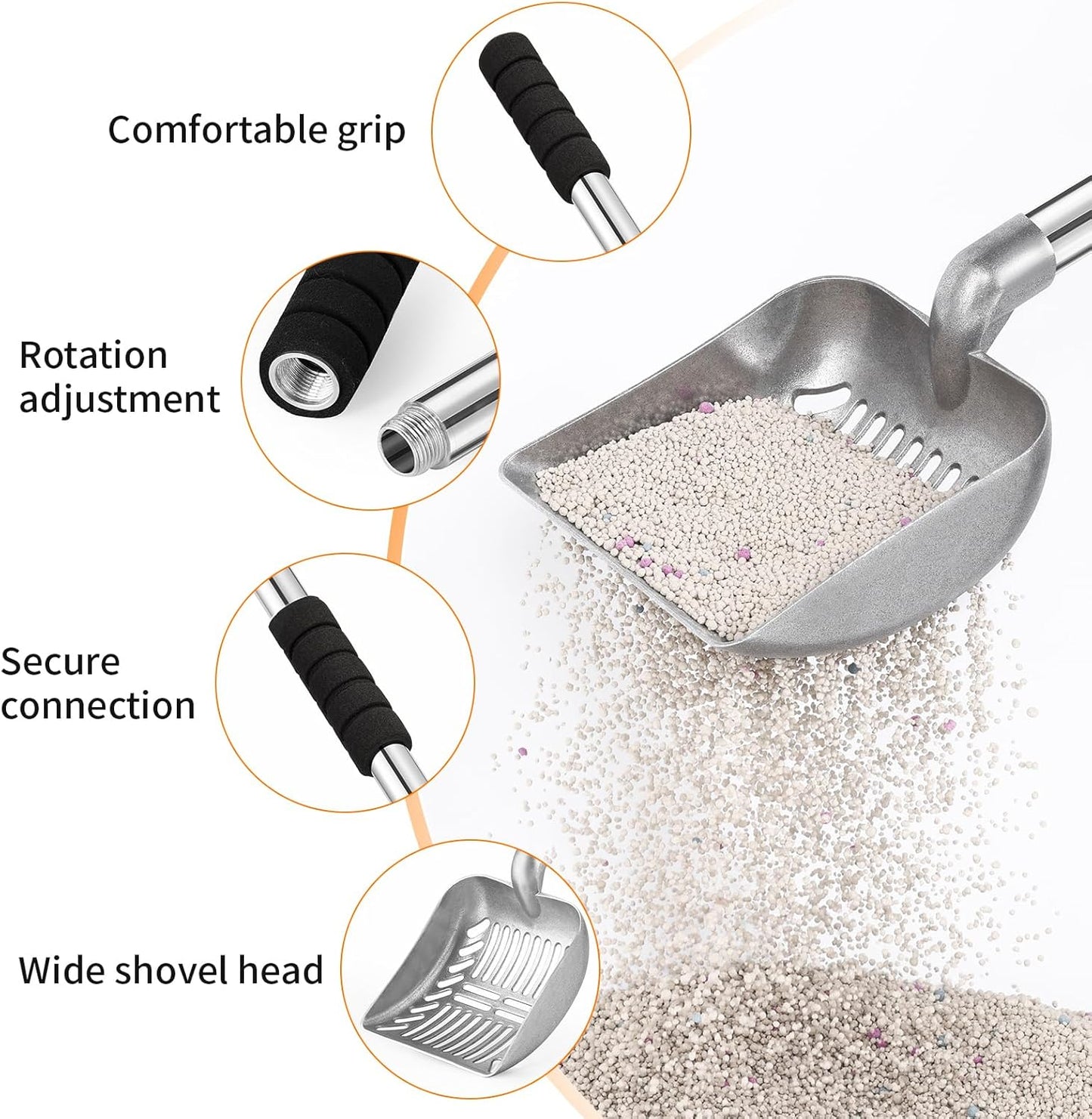 Yangbaga Metal Cat Litter Scoop:Detachable Long Handle Litter Scooper with Deep Shovel,Pooper Scooper Heavy Duty for Litter Box,Stainless Steel Non-Stick Sifter with Foam Padded Grip,No Bending Back