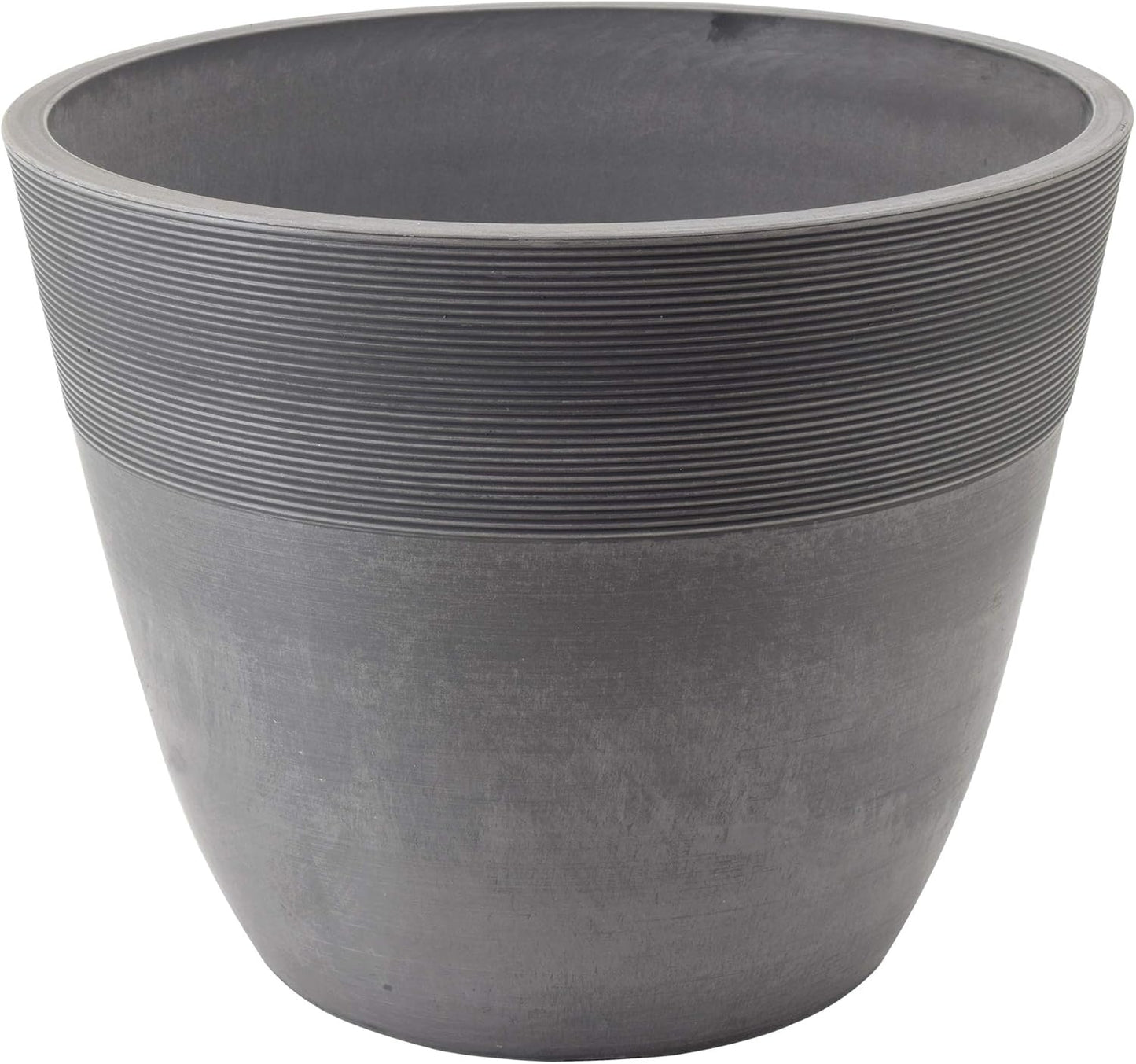PSW Pot Collection 16-inch Plastic/Stone/Wood Composite Large Ribbed Planter – No Drainage Hole (Drillable), Indoor/Outer Garden Pot for Foliage, Trees, Flowers, Ferns, Cement Gray