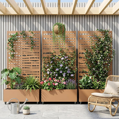 Casaphoria Metal Raised Garden Bed with Trellis and Wheels, 72"x47"x16" Planter Box for Climbing Plants, Vegetables & Vines, Features Drainage Holes and Privacy Screen (Black-Louver) - Colors D