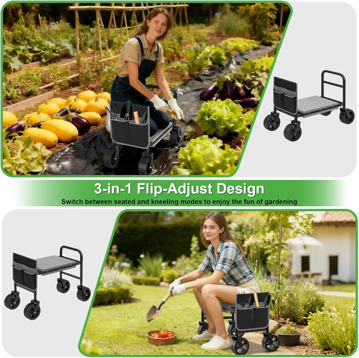 NIUXX Garden Kneeler and Seat with 360° Wheels: 3-in-1 Rolling Garden Stool with Extendable Legs - Foldable Garden Seat with Thick Pad & Tool Pouches - Heavy Duty Gardening Bench for Seniors