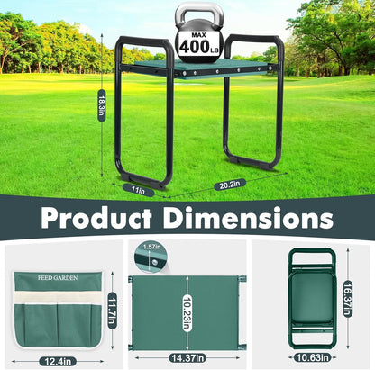 FEED GARDEN Garden Kneeler and Seat, Upgraded Foldable Gardening Stool with 10.23" Wide Kneeling Pad, Heavy Duty Gardening Bench Chair with 2 Tool Pouches, Gardening Gifts for Seniors Mom Women Men