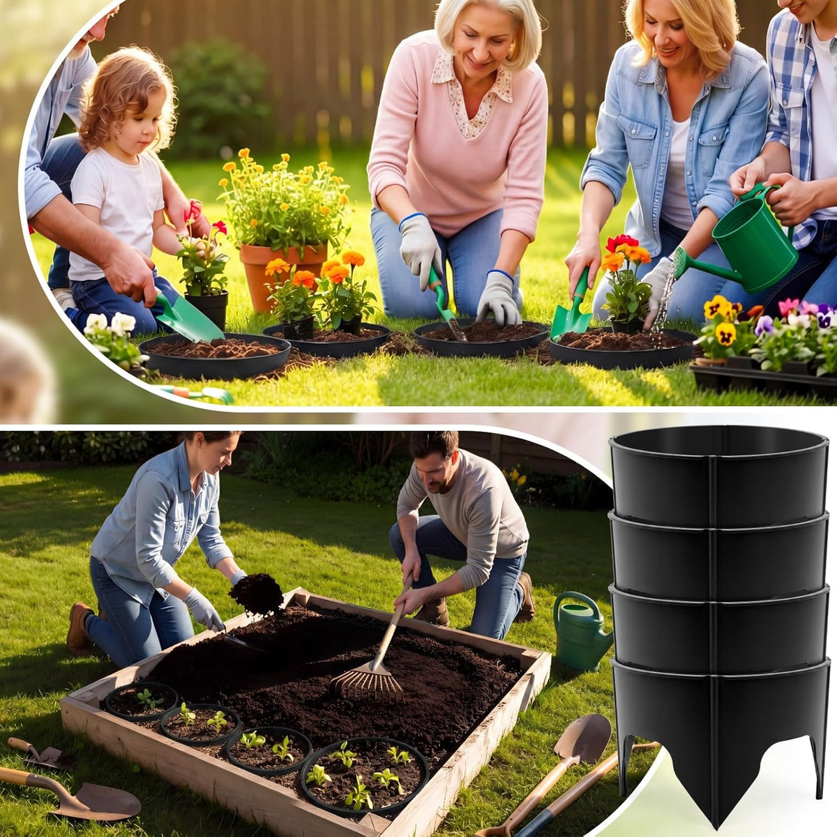 50 Pcs Planting Grow Rings, Diameter Range 8.2-15.7 Inches, Adjustable Interlocking Plant Support Rings with Mallet, Reusable Tree Watering Ring for Garden Root Irrigation (Black)