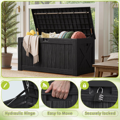 Devoko 100 Gallon Waterproof Large Resin Deck Box Indoor Outdoor Lockable Storage Container for Patio Furniture Cushions Garden Tools (100 Gallon, Black)