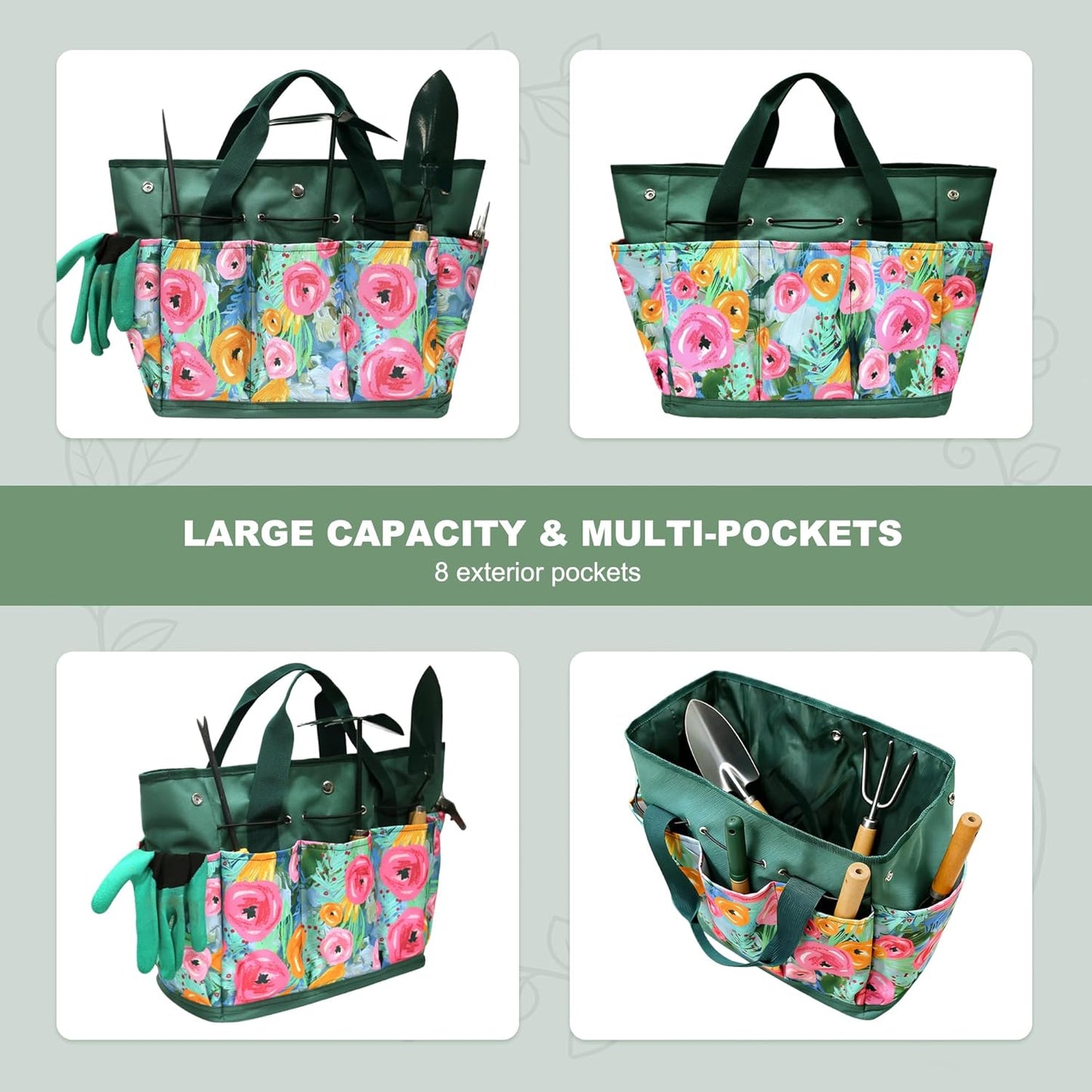 Waterproof Garden Tool Bag, 600D Oxford Portable Gardening Tote with Handle & Multi Pockets, Ideal Gifts for Parents Women (Green, Tools Not Included)