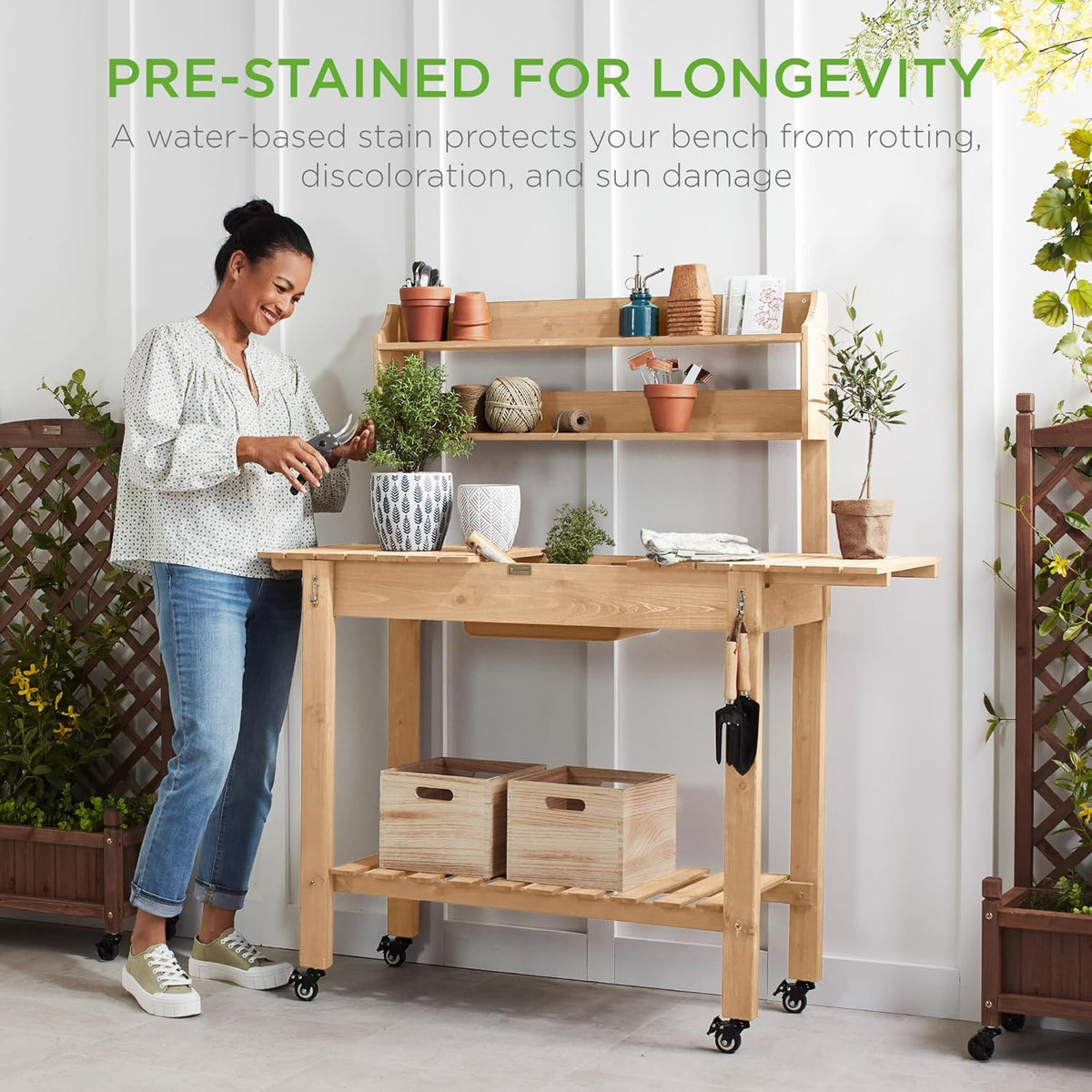 Best Choice Products Mobile Garden Potting Bench, Outdoor Wood Workstation Table w/Sliding Tabletop, 4 Locking Wheels, Food Grade Dry Sink, Storage Shelves - Sage Green