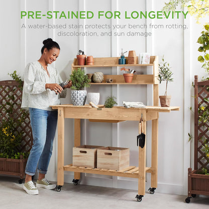 Best Choice Products Mobile Garden Potting Bench, Outdoor Wood Workstation Table w/Sliding Tabletop, 4 Locking Wheels, Food Grade Dry Sink, Storage Shelves - Sage Green