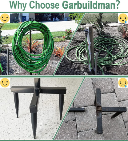 Garbuildman Garden Hose Holder with 3 Spikes, Freestanding Metal Hose Stand for Outdoor Garden, Detachable Hose Storage Rack for Lawn & Yard, Volcano Black