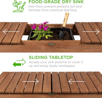 Best Choice Products Mobile Garden Potting Bench, Outdoor Wood Workstation Table w/Sliding Tabletop, 4 Locking Wheels, Food Grade Dry Sink, Storage Shelves - Sage Green