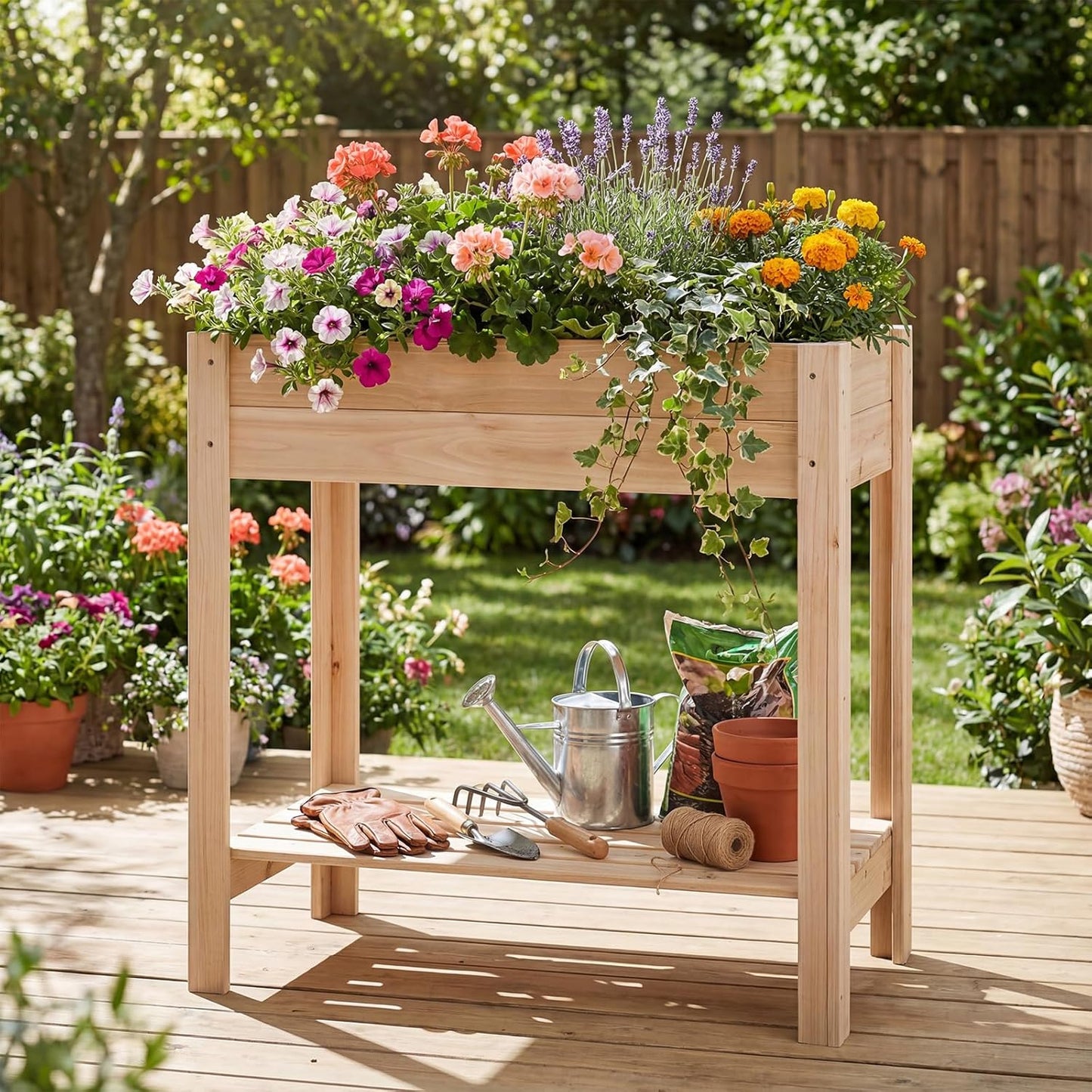 Giantex Wood Raised Garden Bed w/Folding Drop-Leaf Potting Table, Planter Box for Flower Herb Vegetable Fruit, Indoor Outdoor Elevated Raised Beds for Gardening, Backyard, Patio, Balcony