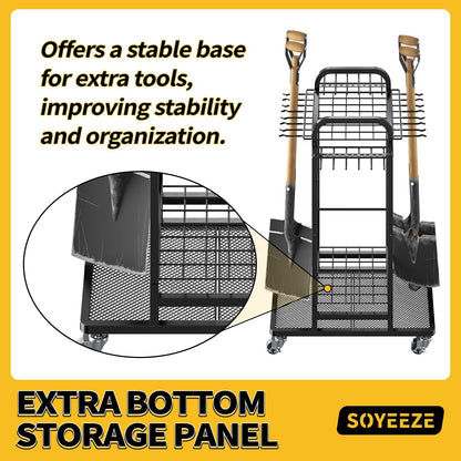 SOYEEZE Garden Tool Organizer with Lockable Wheels, Heavy Duty 3-Tier Yard Tower Tool Rack for Garage, Holds Up to 35 Long-Handled Tools, Garden Tool Cart with 12 Hooks for Tool Organization Storage