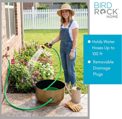 BIRDROCK HOME Decorative Footed Water Hose Holder Pot - Ground Garden Hose Box - Steel - Powdered Coated - Embossed - Steel Metal Hider - Outdoor or Indoor Use (Antique Bronze)