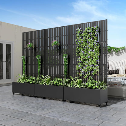 Casaphoria Metal Raised Garden Bed with Trellis and Wheels, 72"x47"x16" Planter Box for Climbing Plants, Vegetables & Vines, Features Drainage Holes and Privacy Screen (Black-Louver) - Colors D