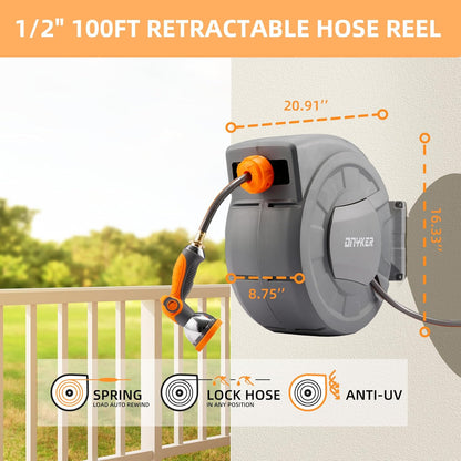 Retractable Garden Hose Reel, 1/2 inch x 100 ft Water Hose Reel Wall Mounted, Any Length Lock, Slow Auto-Rewind, 180°Swivel Bracket & 10 Pattern Nozzle