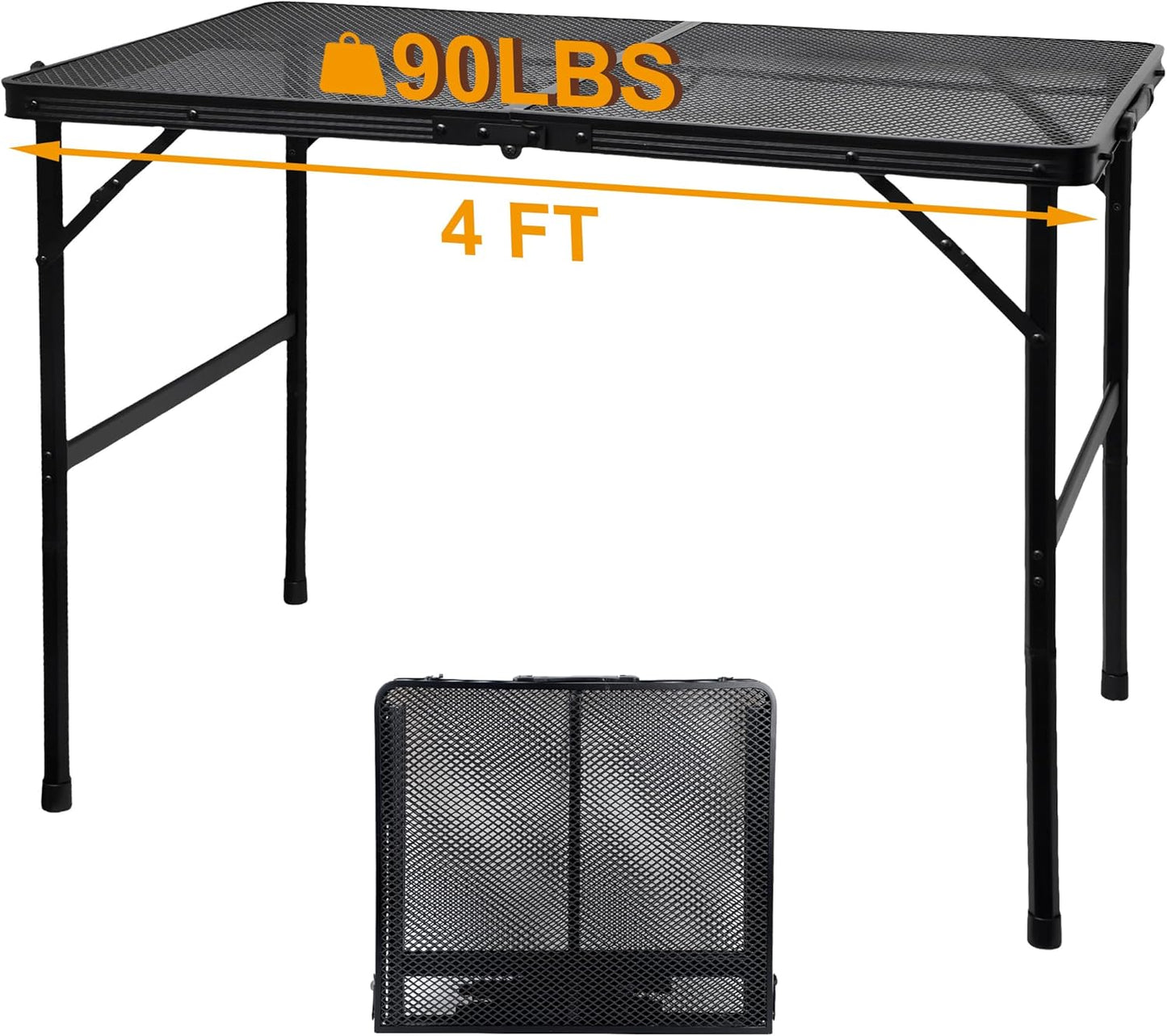 GREGIN Camping Table with Mesh Desktop, Lightweight & Portable Small Folding Grill Table, Height Adjustable Metal Outdoor Table for Camp, Cooking, BBQ, RV, Picnic-2 FT Black