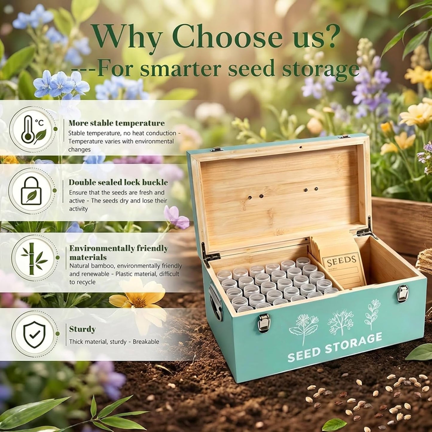 60 Slots Seed Storage Organizer, Metal Seed Saving Box with Lid and Safety Locks, Seeds Storage Container with 60 Seeds Envelopes and 64 Label, 3 Compartments, Perfect for Flower Plants Garden