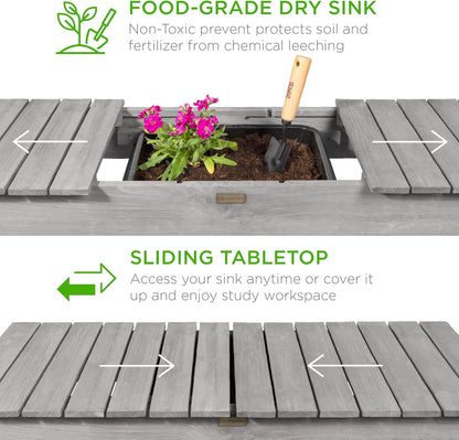 Best Choice Products Mobile Garden Potting Bench, Outdoor Wood Workstation Table w/Sliding Tabletop, 4 Locking Wheels, Food Grade Dry Sink, Storage Shelves - Sage Green