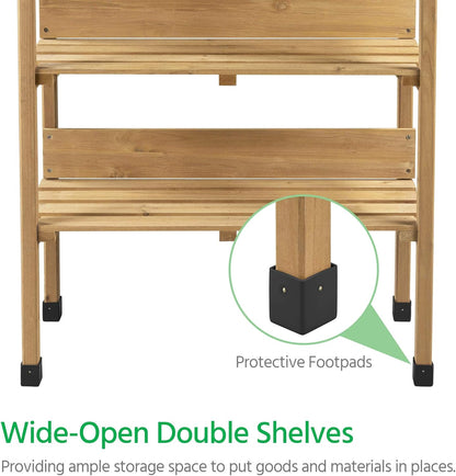 Yaheetech Outdoor Garden Potting Bench Table Wooden Horticulture Planting Worstation w/Metal Tabletop/Storage Shelf/3 Hooks, Natural Wood