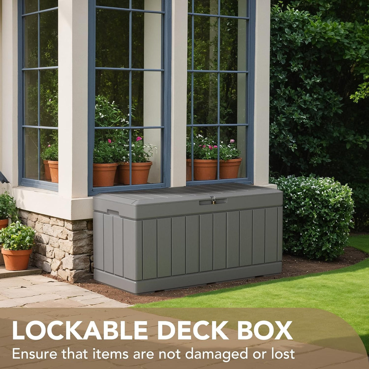 Devoko 100 Gallon Waterproof Large Resin Deck Box Indoor Outdoor Lockable Storage Container for Patio Furniture Cushions Garden Tools (100 Gallon, Black)