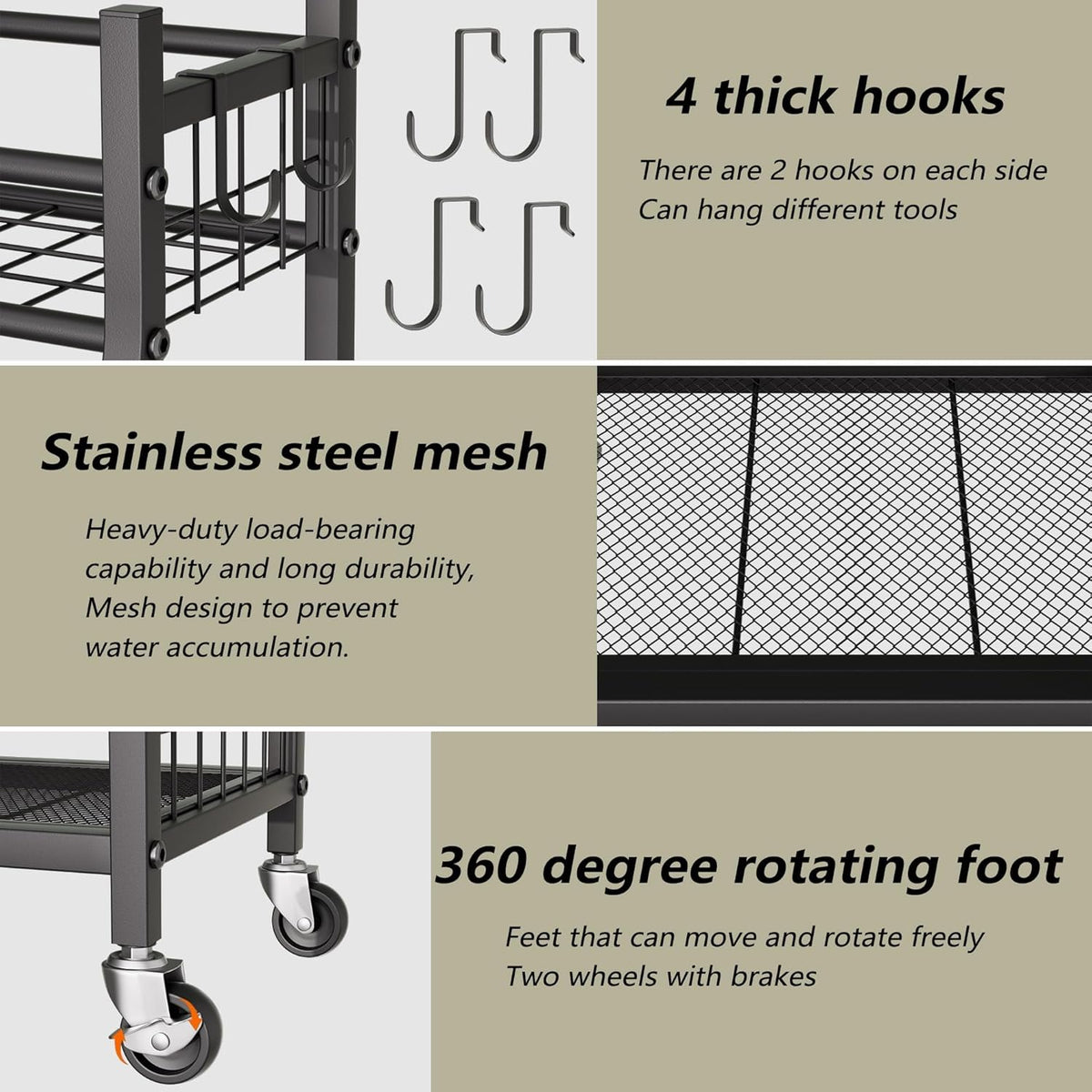 3 Tier Garden Tool Organizer, Garage Storage and Organization, Metal Yard Tools Storage up to 78 Tools, Heavy Duty Garden Tool Organizer for Garage, Yard, Patio, Shed, Indoors and Outdoors, Black