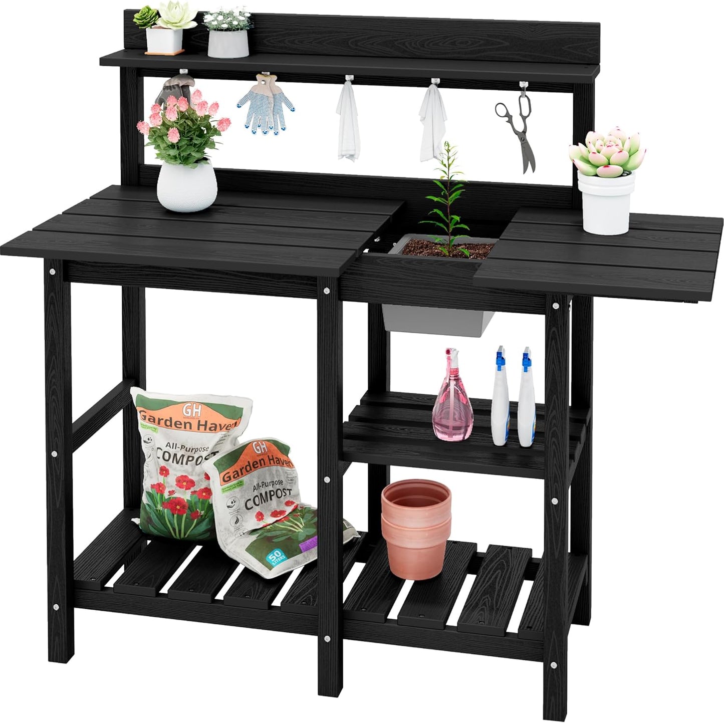 SERWALL Outdoor Potting Bench with Removeable Sink,Rot-Resistant HDPE Potting Table for Outside Gardening, All Weather Use - Gray