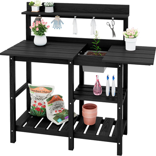 SERWALL Outdoor Potting Bench with Removeable Sink,Rot-Resistant HDPE Potting Table for Outside Gardening, All Weather Use - Gray