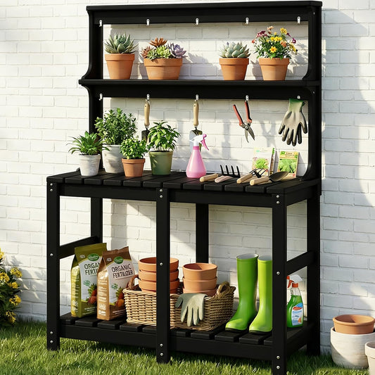 Outdoor Potting Bench with 3 Tier, All-Weather Patio Potting Table with Tool Hooks, HDPE Gardening Table for Backyard, Garden, Brown