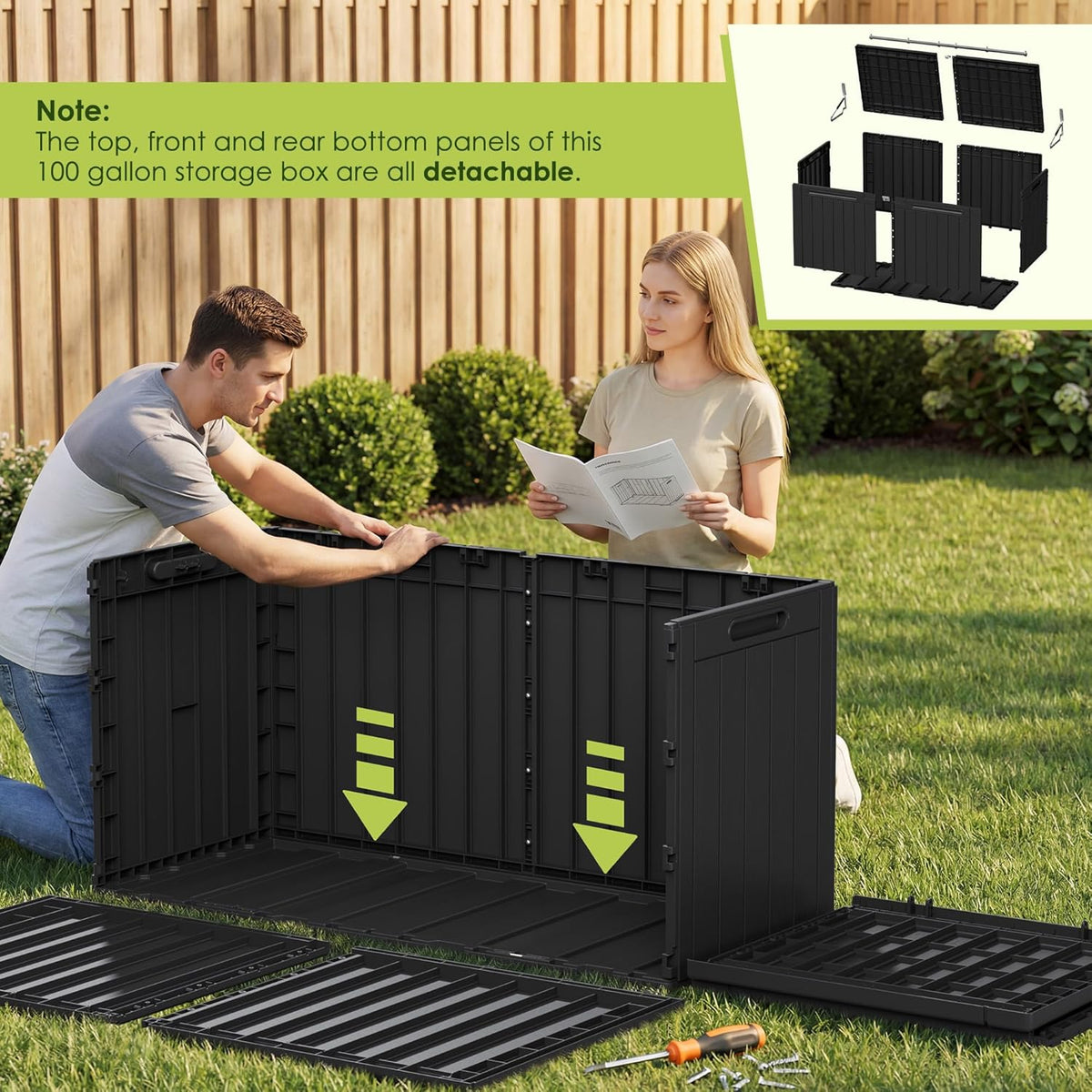 Devoko 100 Gallon Waterproof Large Resin Deck Box Indoor Outdoor Lockable Storage Container for Patio Furniture Cushions Garden Tools (100 Gallon, Black)