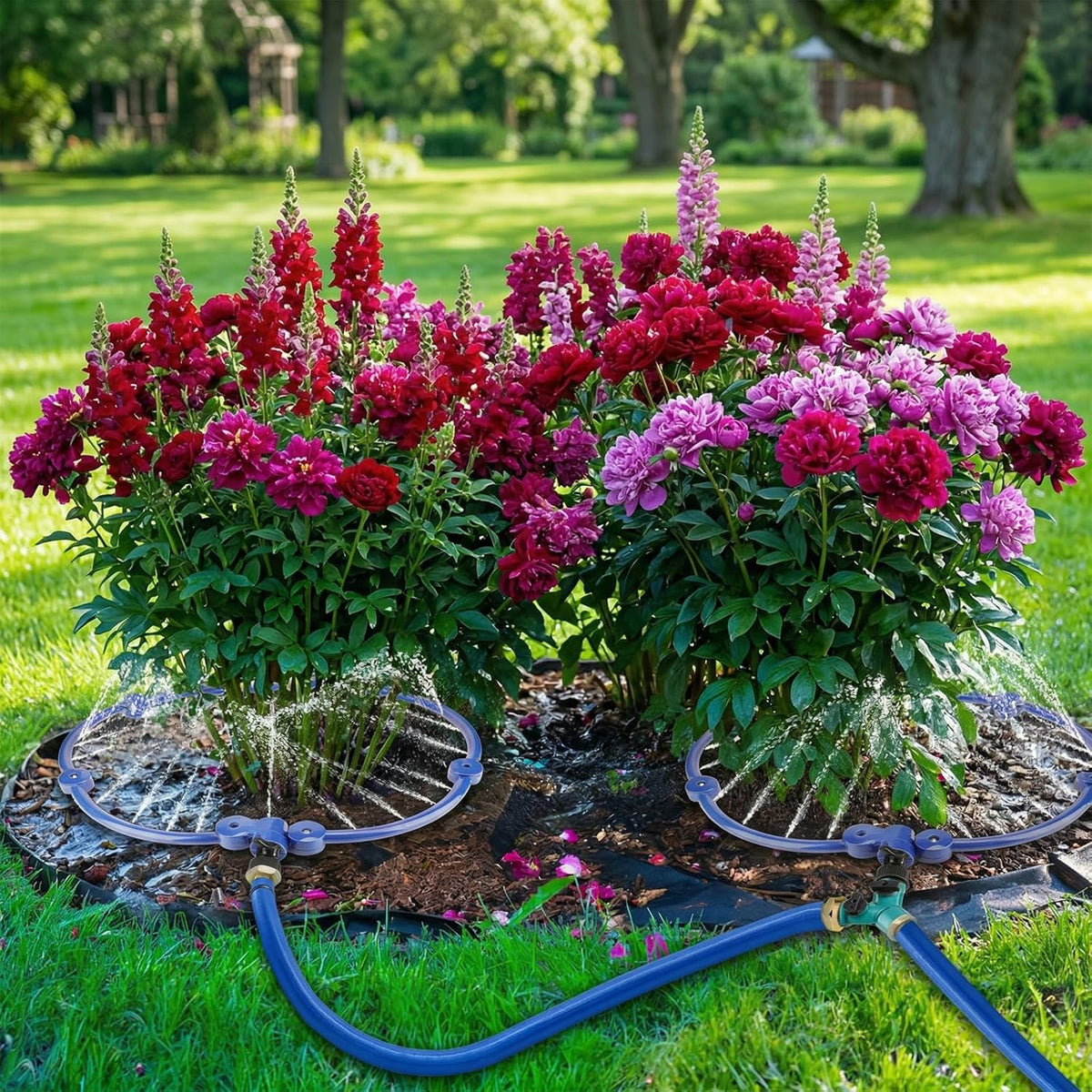 2Pcs 360° Tree Water System Tree Watering Ring 13 Inch Circle Sprinkler and Irrigation System Targeted Water with Y Hose Splitter for New Tree Outdoor Plants Raised Garden Beds Shrubs (Green, Small)