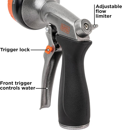 Black + Decker® 8-Pattern Zinc Front Trigger Nozzle – Durable Metal Build, Comfortable Grip, Precision Control BD59378