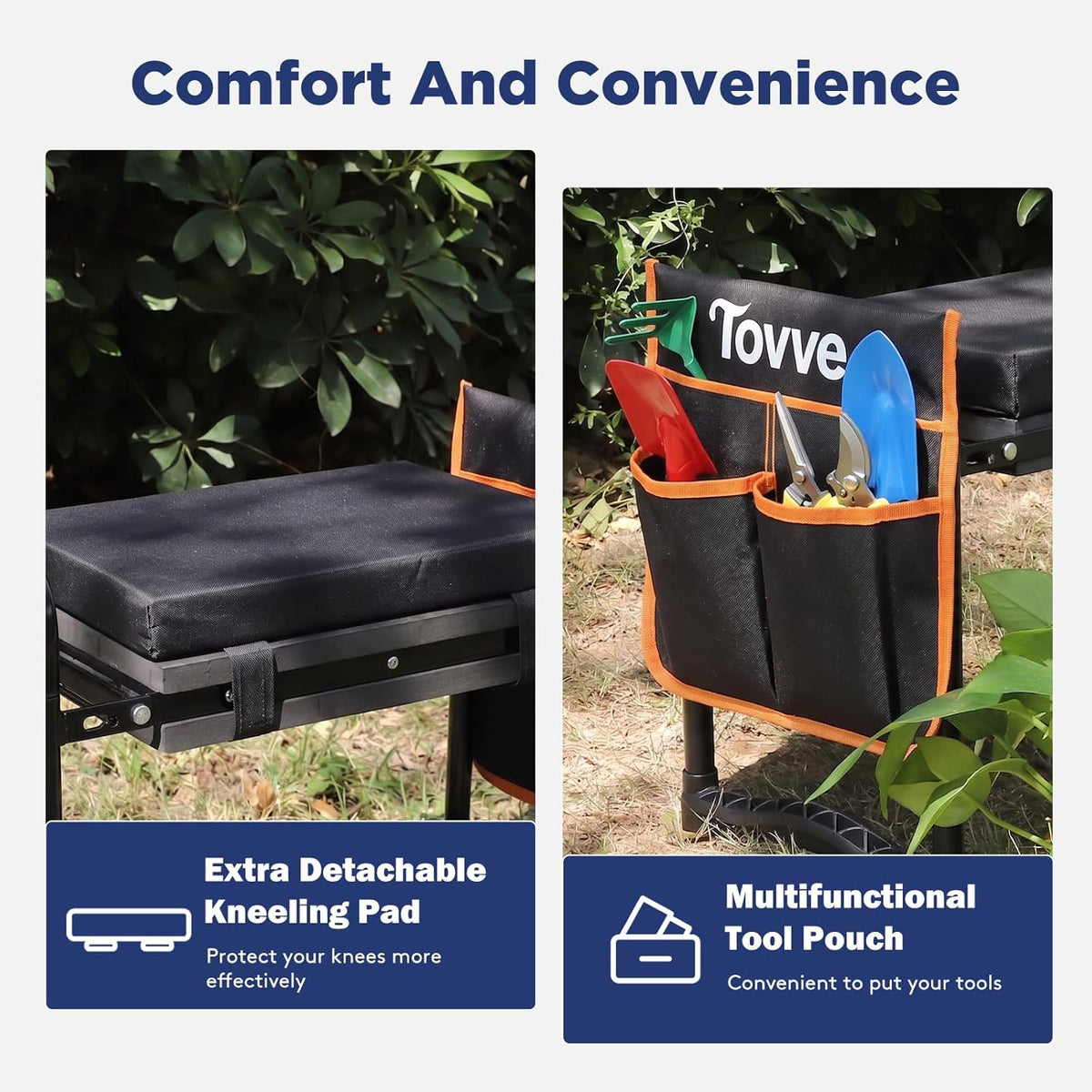 Tovve Foldable Garden Kneeler and Seat, Heavy Duty Garden Stool with 10" Wide Detachable Kneeling Pad, Portable Garden Bench Chair with Large Garden Tool Bag, Gardening Gifts for Women, Seniors, Mom