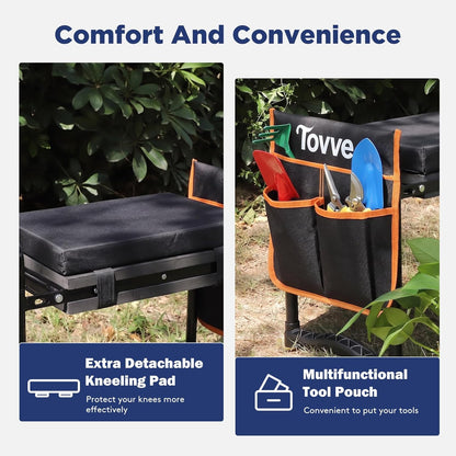 Tovve Foldable Garden Kneeler and Seat, Heavy Duty Garden Stool with 10" Wide Detachable Kneeling Pad, Portable Garden Bench Chair with Large Garden Tool Bag, Gardening Gifts for Women, Seniors, Mom