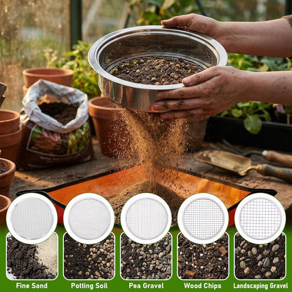 8 PCS Soil Sifter Set for Garden, Stainless Steel Soils Sieve Set, Compost Sifter with 5PCS Replaceable Mesh(1,3,6,9,12mm) Sieve and Bonsai Soil Scoop, 1 mat, 1 Frame, for Compost Bonsai Rocks Sand