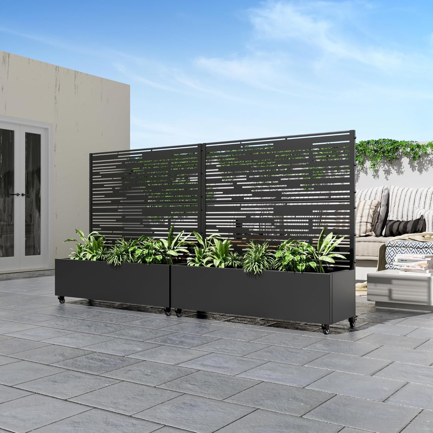 Casaphoria Metal Raised Garden Bed with Trellis and Wheels, 72"x47"x16" Planter Box for Climbing Plants, Vegetables & Vines, Features Drainage Holes and Privacy Screen (Black-Louver) - Colors B
