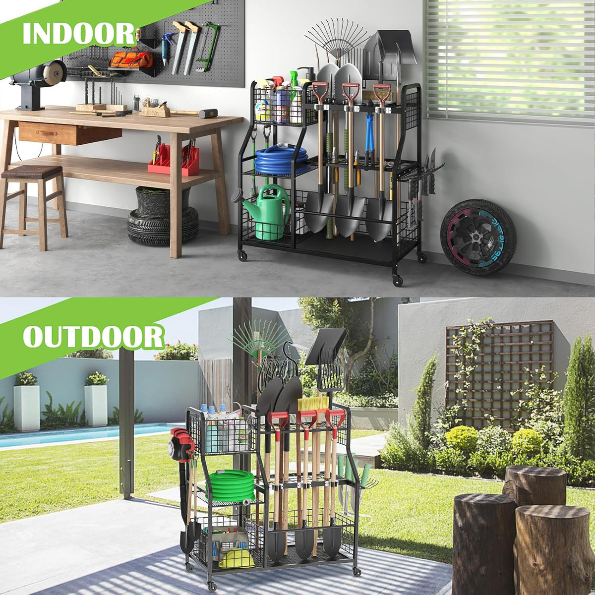keomaisyto Garden Tool Organizer for Garage Organization, 3 Tier Yard Tool Storage Rack with 35 Long-Handled Tool Slots, Heavy Duty Garden Tool Holder with Large Hooks for Shed, Yard, Garage