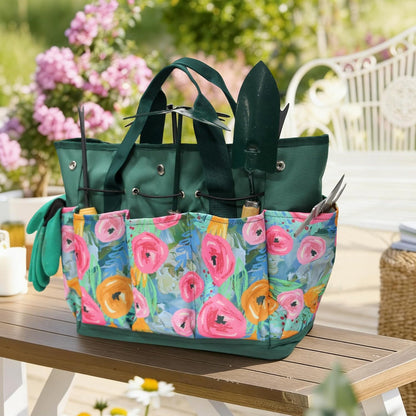 Waterproof Garden Tool Bag, 600D Oxford Portable Gardening Tote with Handle & Multi Pockets, Ideal Gifts for Parents Women (Green, Tools Not Included)