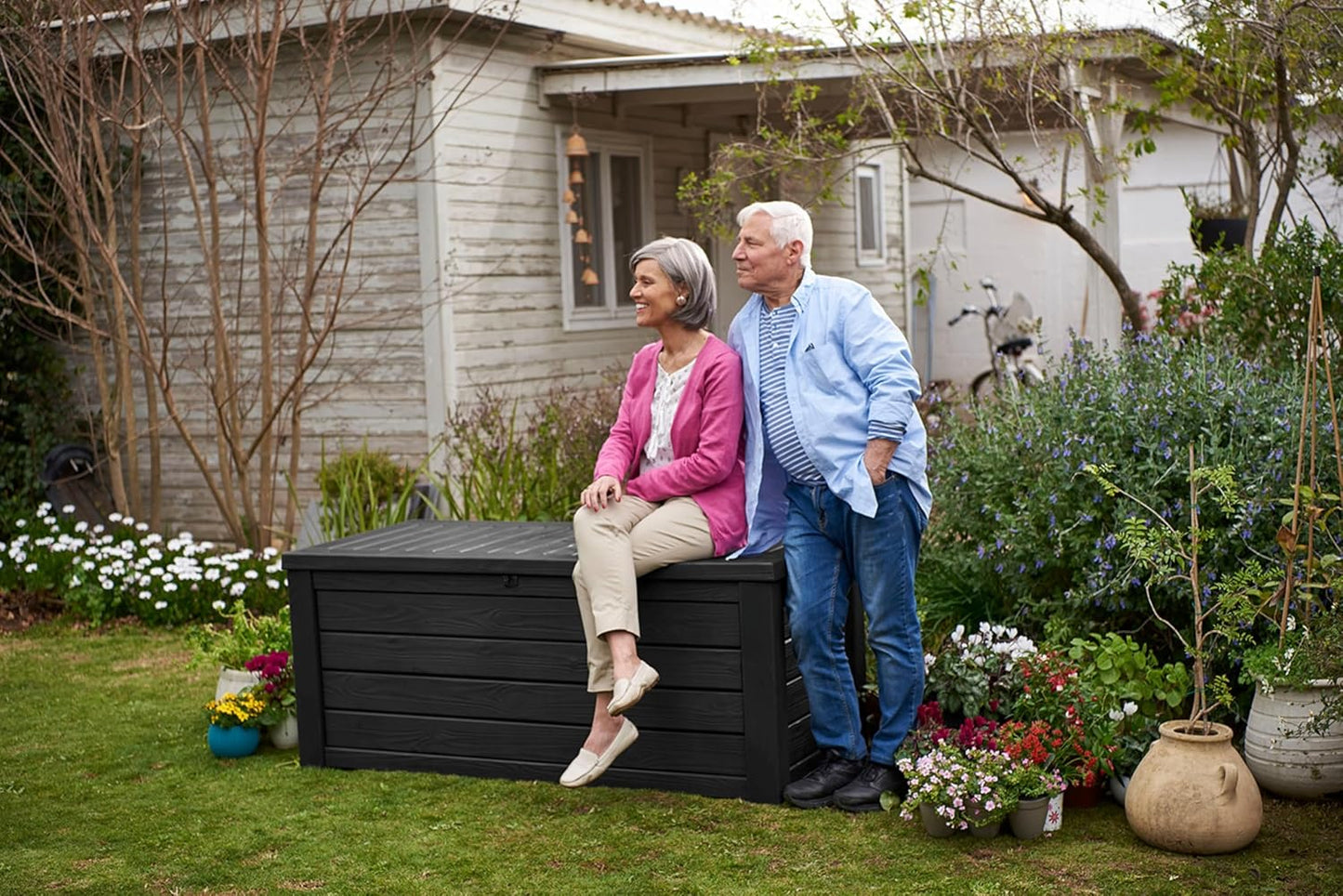 Keter 150 Gallon Resin Large Deck Box Organization and Storage Box for Patio, Outdoor Cushions, Garden Tools, Brown