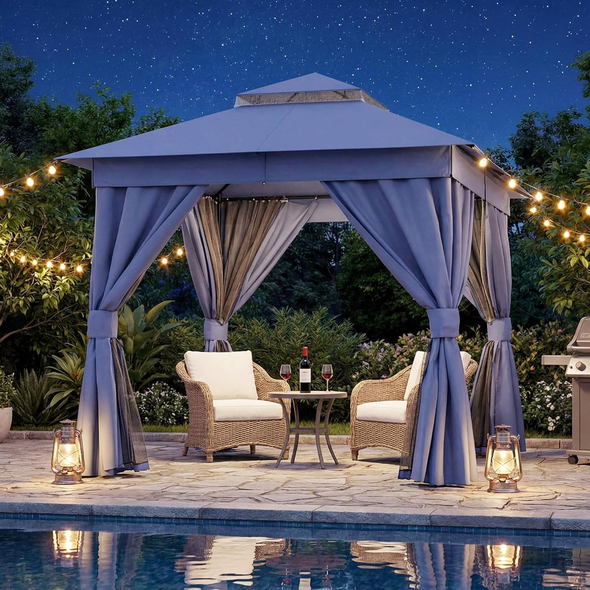 10x20 Gazebo Canopy with 100FT String Lights, Metal Heavy Duty Patio Canopy Tent with Double Roofs, Mosquito Nettings and Privacy Screens for Backyard, Garden, Lawn, Gray