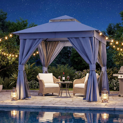 10x20 Gazebo Canopy with 100FT String Lights, Metal Heavy Duty Patio Canopy Tent with Double Roofs, Mosquito Nettings and Privacy Screens for Backyard, Garden, Lawn, Gray