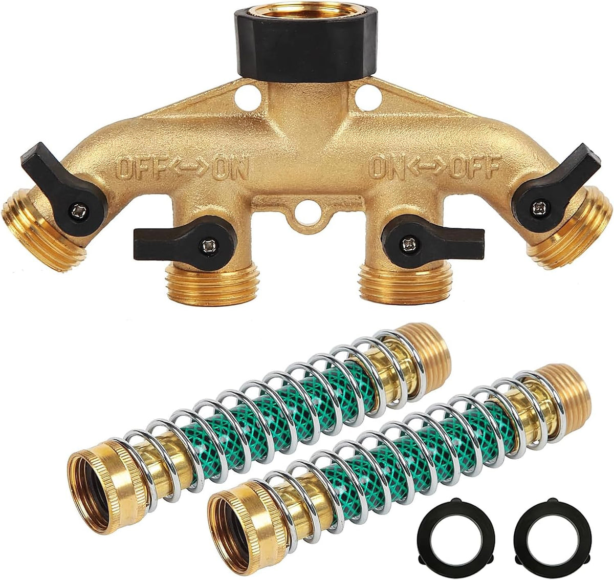Heavy Duty Brass Garden Hose Splitter, 3/4" 4-Way "Y" Shut-Off Hose Connector Outlet Splitter Spigot Adapter with 2 Kink-Free Outdoor Faucet Extension Hose Protectors for House Lawn Patio Garden