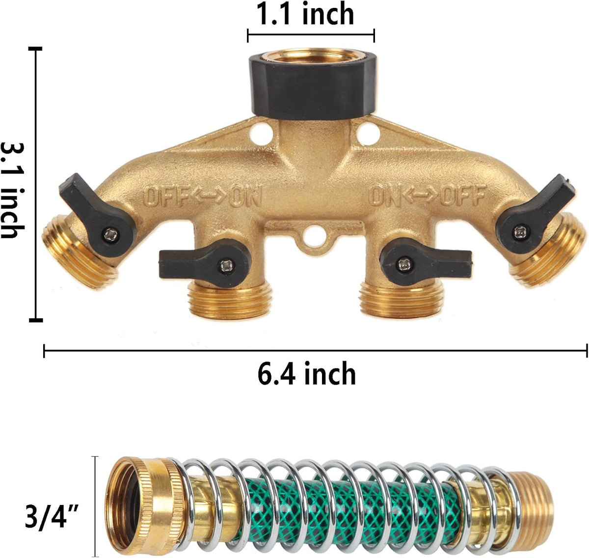 Heavy Duty Brass Garden Hose Splitter, 3/4" 4-Way "Y" Shut-Off Hose Connector Outlet Splitter Spigot Adapter with 2 Kink-Free Outdoor Faucet Extension Hose Protectors for House Lawn Patio Garden