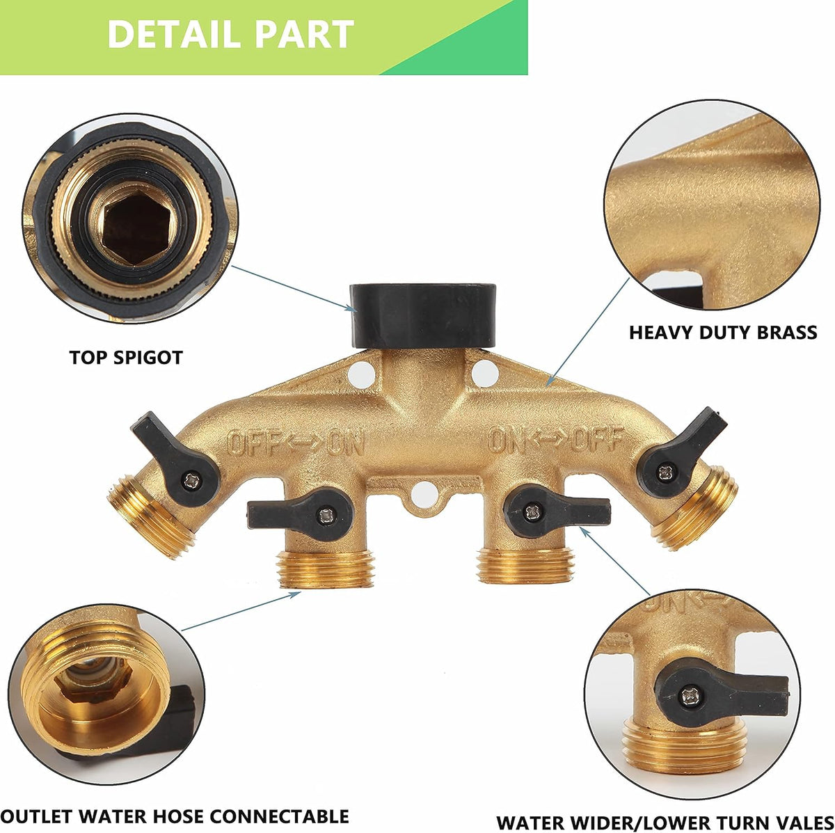 Heavy Duty Brass Garden Hose Splitter, 3/4" 4-Way "Y" Shut-Off Hose Connector Outlet Splitter Spigot Adapter with 2 Kink-Free Outdoor Faucet Extension Hose Protectors for House Lawn Patio Garden