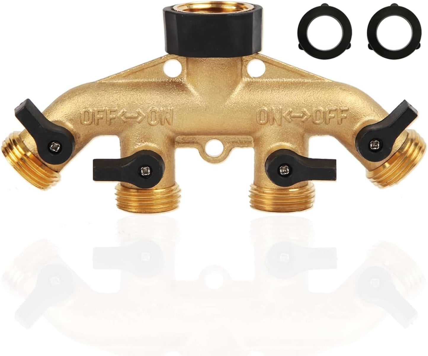 Heavy Duty Brass Garden Hose Splitter, 3/4" 4-Way "Y" Shut-Off Hose Connector Outlet Splitter Spigot Adapter with 2 Kink-Free Outdoor Faucet Extension Hose Protectors for House Lawn Patio Garden