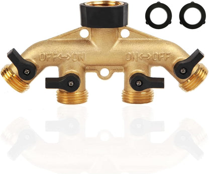 Heavy Duty Brass Garden Hose Splitter, 3/4" 4-Way "Y" Shut-Off Hose Connector Outlet Splitter Spigot Adapter with 2 Kink-Free Outdoor Faucet Extension Hose Protectors for House Lawn Patio Garden