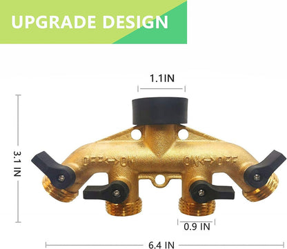 Heavy Duty Brass Garden Hose Splitter, 3/4" 4-Way "Y" Shut-Off Hose Connector Outlet Splitter Spigot Adapter with 2 Kink-Free Outdoor Faucet Extension Hose Protectors for House Lawn Patio Garden